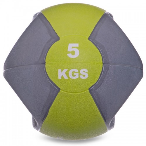 Мяч медицинский медбол с двумя ручками Zelart FI-2619-5 5кг серый-зеленый